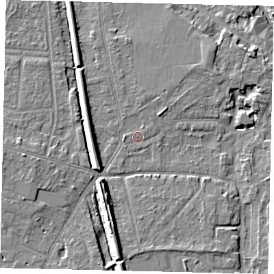 Shaded relief map of the ground around KT70PQ, computed from Environment Agency LiDAR. The ground here sits at about 9 m above sea level and falls 12 m across the surrounding 800 m. Surface water reaching this point runs off ground lying to the west, 1.0 m higher.