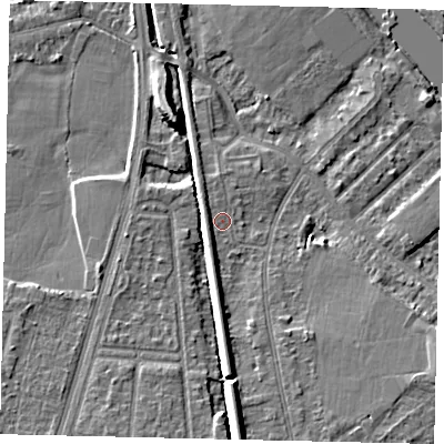 Shaded relief map of the ground around KT70PR, computed from Environment Agency LiDAR. The ground here sits at about 9 m above sea level and falls 9 m across the surrounding 800 m. Surface water reaching this point runs off ground lying to the west-south-west, 1.6 m higher.
