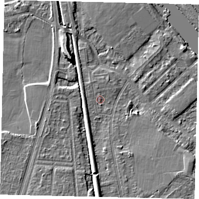 Shaded relief map of the ground around KT70PS, computed from Environment Agency LiDAR. The ground here sits at about 9 m above sea level and falls 9 m across the surrounding 800 m. Surface water reaching this point runs off ground lying to the north-north-west, 0.9 m higher.