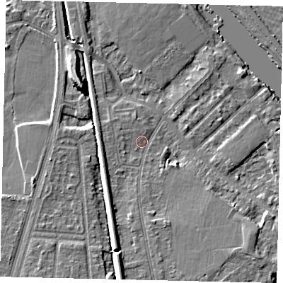 Shaded relief map of the ground around KT70PT, computed from Environment Agency LiDAR. The ground here sits at about 8 m above sea level and falls 9 m across the surrounding 800 m. Surface water reaching this point runs off ground lying to the south-south-west, 4.1 m higher.