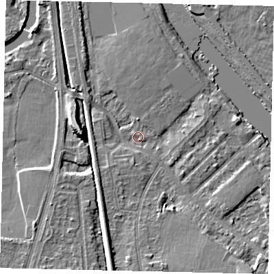 Shaded relief map of the ground around KT70PU, computed from Environment Agency LiDAR. The ground here sits at about 7 m above sea level and falls 9 m across the surrounding 800 m. Surface water reaching this point runs off ground lying to the south, 5.5 m higher.