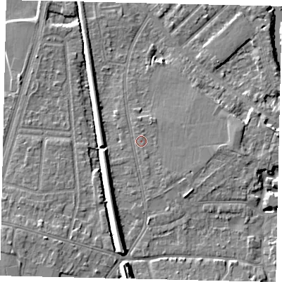 Shaded relief map of the ground around KT70PW, computed from Environment Agency LiDAR. The ground here sits at about 10 m above sea level and falls 11 m across the surrounding 800 m. Surface water reaching this point runs off ground lying to the east, 1.6 m higher.