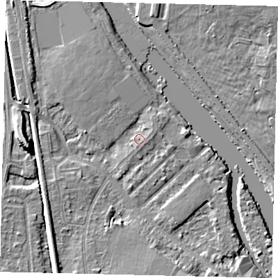 Shaded relief map of the ground around KT70PX, computed from Environment Agency LiDAR. The ground here sits at about 7 m above sea level and falls 9 m across the surrounding 800 m. Surface water reaching this point runs off ground lying to the south, 1.7 m higher.