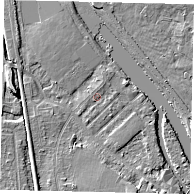 Shaded relief map of the ground around KT70PY, computed from Environment Agency LiDAR. The ground here sits at about 7 m above sea level and falls 9 m across the surrounding 800 m. Surface water reaching this point runs off ground lying to the south-west, 1.2 m higher.