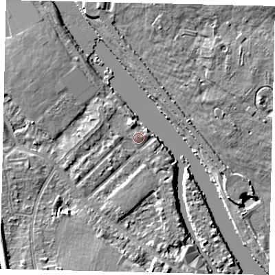 Shaded relief map of the ground around KT70QH, computed from Environment Agency LiDAR. The ground here sits at about 7 m above sea level and falls 7 m across the surrounding 800 m. Surface water reaching this point runs off ground lying to the south, 4.4 m higher.