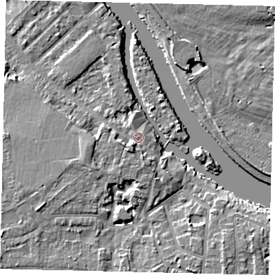 Shaded relief map of the ground around KT70QJ, computed from Environment Agency LiDAR. The ground here sits at about 8 m above sea level and falls 7 m across the surrounding 800 m. Surface water reaching this point runs off ground lying to the south-west, 3.4 m higher.