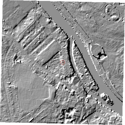 Shaded relief map of the ground around KT70QL, computed from Environment Agency LiDAR. The ground here sits at about 8 m above sea level and falls 7 m across the surrounding 800 m. Surface water reaching this point runs off ground lying to the south-south-west, 4.7 m higher.