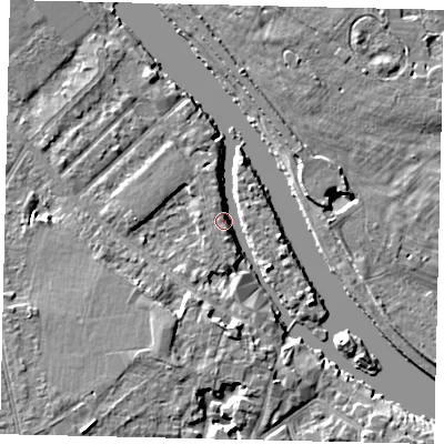 Shaded relief map of the ground around KT70QN, computed from Environment Agency LiDAR. The ground here sits at about 7 m above sea level and falls 7 m across the surrounding 800 m. Surface water reaching this point runs off ground lying to the south, 6.5 m higher.