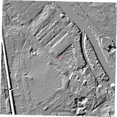 Shaded relief map of the ground around KT70QP, computed from Environment Agency LiDAR. The ground here sits at about 7 m above sea level and falls 9 m across the surrounding 800 m. Surface water reaching this point runs off ground lying to the south-south-east, 4.9 m higher.