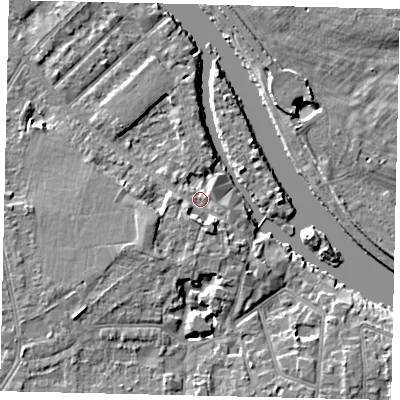 Shaded relief map of the ground around KT70QQ, computed from Environment Agency LiDAR. The ground here sits at about 8 m above sea level and falls 7 m across the surrounding 800 m. Surface water reaching this point runs off ground lying to the south-south-east, 3.0 m higher.