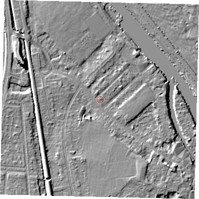 Shaded relief map of the ground around KT70QR, computed from Environment Agency LiDAR. The ground here sits at about 7 m above sea level and falls 9 m across the surrounding 800 m. Surface water reaching this point runs off ground lying to the north-north-west, 1.0 m higher.