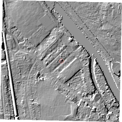 Shaded relief map of the ground around KT70QS, computed from Environment Agency LiDAR. The ground here sits at about 7 m above sea level and falls 9 m across the surrounding 800 m. Surface water reaching this point runs off ground lying to the south, 4.1 m higher.