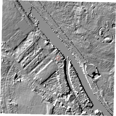 Shaded relief map of the ground around KT70QU, computed from Environment Agency LiDAR. The ground here sits at about 7 m above sea level and falls 7 m across the surrounding 800 m. Surface water reaching this point runs off ground lying to the north-north-west, 0.8 m higher.