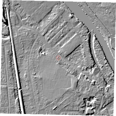 Shaded relief map of the ground around KT70QW, computed from Environment Agency LiDAR. The ground here sits at about 8 m above sea level and falls 9 m across the surrounding 800 m. Surface water reaching this point runs off ground lying to the south-south-east, 2.5 m higher.