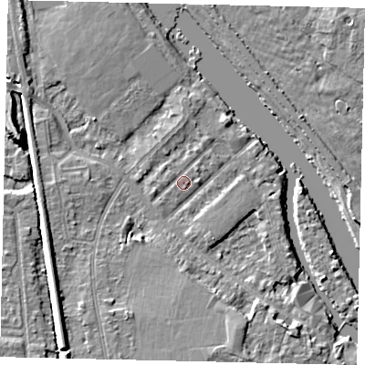 Shaded relief map of the ground around KT70QX, computed from Environment Agency LiDAR. The ground here sits at about 7 m above sea level and falls 9 m across the surrounding 800 m. Surface water reaching this point runs off ground lying to the east, 0.8 m higher.
