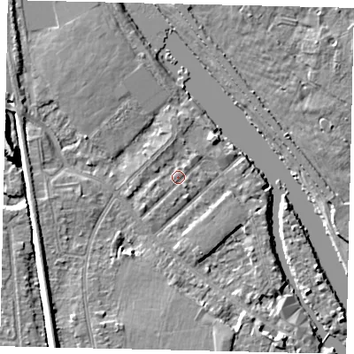 Shaded relief map of the ground around KT70QY, computed from Environment Agency LiDAR. The ground here sits at about 7 m above sea level and falls 9 m across the surrounding 800 m. Surface water reaching this point runs off ground lying to the west-south-west, 1.2 m higher.