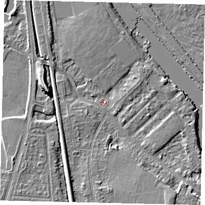 Shaded relief map of the ground around KT70QZ, computed from Environment Agency LiDAR. The ground here sits at about 7 m above sea level and falls 9 m across the surrounding 800 m. Surface water reaching this point runs off ground lying to the south-south-west, 5.0 m higher.