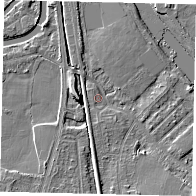 Shaded relief map of the ground around KT70RA, computed from Environment Agency LiDAR. The ground here sits at about 8 m above sea level and falls 9 m across the surrounding 800 m. Surface water reaching this point runs off ground lying to the south, 5.5 m higher.