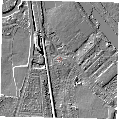 Shaded relief map of the ground around KT70RB, computed from Environment Agency LiDAR. The ground here sits at about 8 m above sea level and falls 9 m across the surrounding 800 m. Surface water reaching this point runs off ground lying to the south-west, 1.1 m higher.