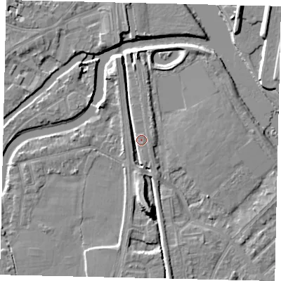 Shaded relief map of the ground around KT70RG, computed from Environment Agency LiDAR. The ground here sits at about 8 m above sea level and falls 9 m across the surrounding 800 m. Surface water reaching this point runs off ground lying to the south, 7.8 m higher.