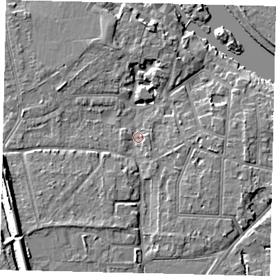 Shaded relief map of the ground around KT70RY, computed from Environment Agency LiDAR. The ground here sits at about 9 m above sea level and falls 12 m across the surrounding 800 m. Surface water reaching this point runs off ground lying to the west-south-west, 7.7 m higher.