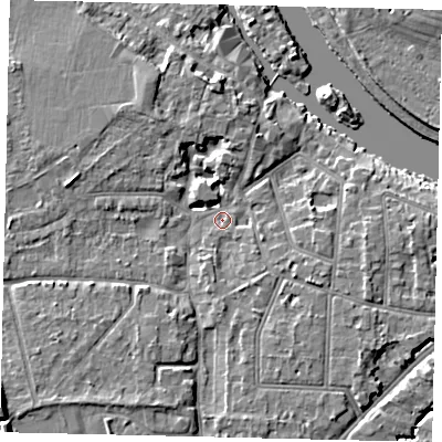 Shaded relief map of the ground around KT70SA, computed from Environment Agency LiDAR. The ground here sits at about 8 m above sea level and falls 11 m across the surrounding 800 m. Surface water reaching this point runs off ground lying to the south-south-east, 4.2 m higher.