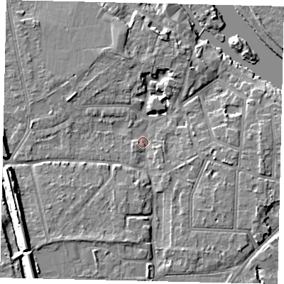 Shaded relief map of the ground around KT70SD, computed from Environment Agency LiDAR. The ground here sits at about 9 m above sea level and falls 12 m across the surrounding 800 m. Surface water reaching this point runs off ground lying to the west-south-west, 7.7 m higher.