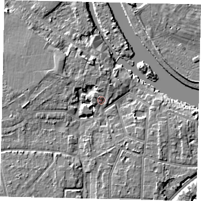 Shaded relief map of the ground around KT70SF, computed from Environment Agency LiDAR. The ground here sits at about 9 m above sea level and falls 7 m across the surrounding 800 m. Surface water reaching this point runs off ground lying to the south-west, 4.4 m higher.