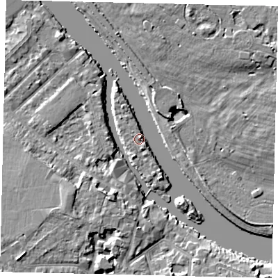 Shaded relief map of the ground around KT70SH, computed from Environment Agency LiDAR. The ground here sits at about 6 m above sea level and falls 7 m across the surrounding 800 m. Surface water reaching this point runs off ground lying to the south-south-east, 6.2 m higher.