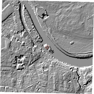 Shaded relief map of the ground around KT70SJ, computed from Environment Agency LiDAR. The ground here sits at about 7 m above sea level and falls 7 m across the surrounding 800 m. Surface water reaching this point runs off ground lying to the south, 6.7 m higher.