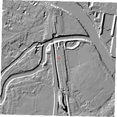 Shaded relief map of the ground around KT70SP, computed from Environment Agency LiDAR. The ground here sits at about 8 m above sea level and falls 9 m across the surrounding 800 m. Surface water reaching this point runs off ground lying to the north-north-west, 4.1 m higher.