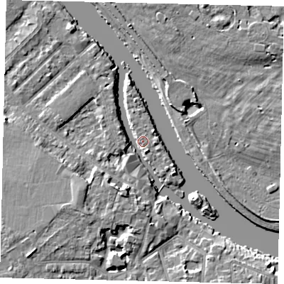 Shaded relief map of the ground around KT70SQ, computed from Environment Agency LiDAR. The ground here sits at about 6 m above sea level and falls 7 m across the surrounding 800 m. Surface water reaching this point runs off ground lying to the south-south-west, 6.5 m higher.