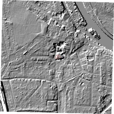 Shaded relief map of the ground around KT70SR, computed from Environment Agency LiDAR. The ground here sits at about 10 m above sea level and falls 12 m across the surrounding 800 m. Surface water reaching this point runs off ground lying to the south-west, 9.2 m higher.