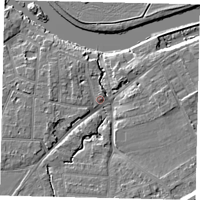 Shaded relief map of the ground around KT70SS, computed from Environment Agency LiDAR. The ground here sits at about 10 m above sea level and falls 14 m across the surrounding 800 m. Surface water reaching this point runs off ground lying to the south-east, 5.9 m higher.