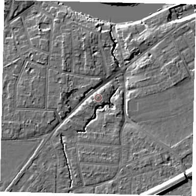 Shaded relief map of the ground around KT70SY, computed from Environment Agency LiDAR. The ground here sits at about 10 m above sea level and falls 14 m across the surrounding 800 m. Surface water reaching this point runs off ground lying to the west-south-west, 1.4 m higher.
