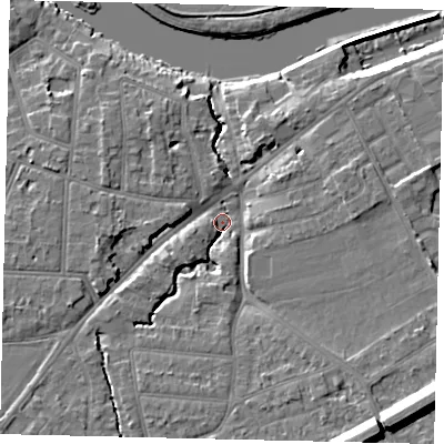 Shaded relief map of the ground around KT70TB, computed from Environment Agency LiDAR. The ground here sits at about 8 m above sea level and falls 14 m across the surrounding 800 m. Surface water reaching this point runs off ground lying to the south-east, 11.6 m higher.