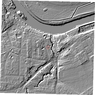 Shaded relief map of the ground around KT70TH, computed from Environment Agency LiDAR. The ground here sits at about 9 m above sea level and falls 8 m across the surrounding 800 m. Surface water reaching this point runs off ground lying to the west-north-west, 3.1 m higher.