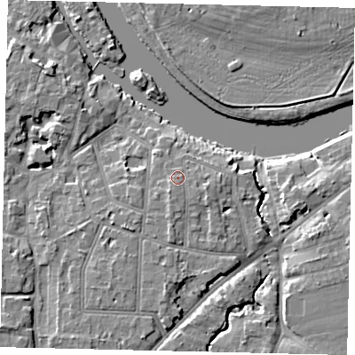 Shaded relief map of the ground around KT70TJ, computed from Environment Agency LiDAR. The ground here sits at about 10 m above sea level and falls 7 m across the surrounding 800 m. Surface water reaching this point runs off ground lying to the south-south-west, 1.0 m higher.