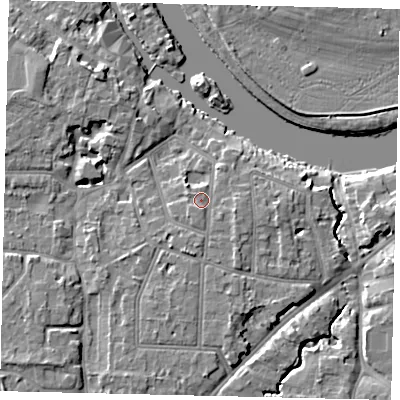 Shaded relief map of the ground around KT70TP, computed from Environment Agency LiDAR. The ground here sits at about 10 m above sea level and falls 8 m across the surrounding 800 m. Surface water reaching this point runs off ground lying to the south-east, 1.6 m higher.