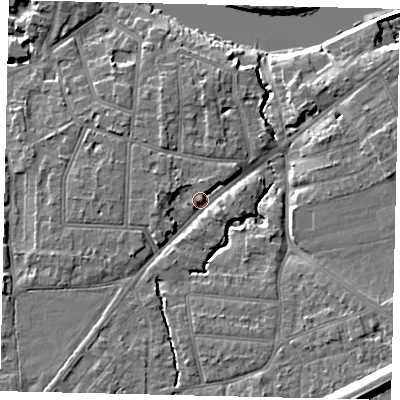 Shaded relief map of the ground around KT70TQ, computed from Environment Agency LiDAR. The ground here sits at about 10 m above sea level and falls 14 m across the surrounding 800 m. Surface water reaching this point runs off ground lying to the south-east, 11.3 m higher.