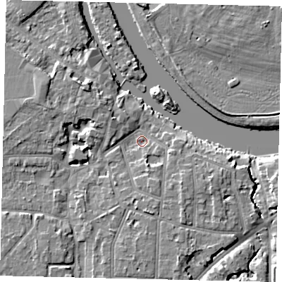 Shaded relief map of the ground around KT70TS, computed from Environment Agency LiDAR. The ground here sits at about 8 m above sea level and falls 7 m across the surrounding 800 m. Surface water reaching this point runs off ground lying to the south-east, 3.7 m higher.
