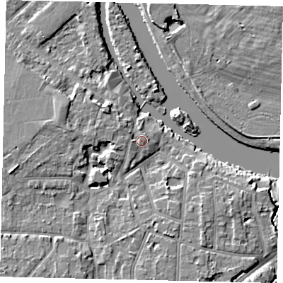 Shaded relief map of the ground around KT70TT, computed from Environment Agency LiDAR. The ground here sits at about 9 m above sea level and falls 7 m across the surrounding 800 m. Surface water reaching this point runs off ground lying to the east, 0.7 m higher.