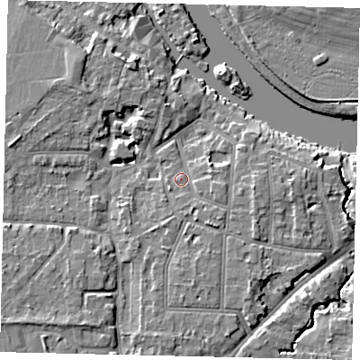 Shaded relief map of the ground around KT70TU, computed from Environment Agency LiDAR. The ground here sits at about 9 m above sea level and falls 8 m across the surrounding 800 m. Surface water reaching this point runs off ground lying to the south-east, 2.6 m higher.