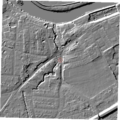 Shaded relief map of the ground around KT70UE, computed from Environment Agency LiDAR. The ground here sits at about 8 m above sea level and falls 14 m across the surrounding 800 m. Surface water reaching this point runs off ground lying to the south-east, 12.0 m higher.