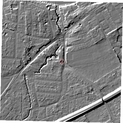 Shaded relief map of the ground around KT70UG, computed from Environment Agency LiDAR. The ground here sits at about 10 m above sea level and falls 15 m across the surrounding 800 m. Surface water reaching this point runs off ground lying to the east-south-east, 10.1 m higher.