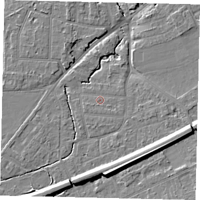 Shaded relief map of the ground around KT70UH, computed from Environment Agency LiDAR. The ground here sits at about 11 m above sea level and falls 14 m across the surrounding 800 m. Surface water reaching this point runs off ground lying to the south-east, 1.0 m higher.