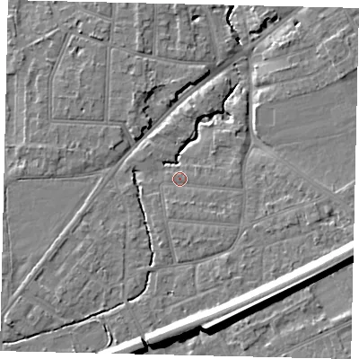 Shaded relief map of the ground around KT70UJ, computed from Environment Agency LiDAR. The ground here sits at about 10 m above sea level and falls 14 m across the surrounding 800 m. Surface water reaching this point runs off ground lying to the south-east, 1.2 m higher.