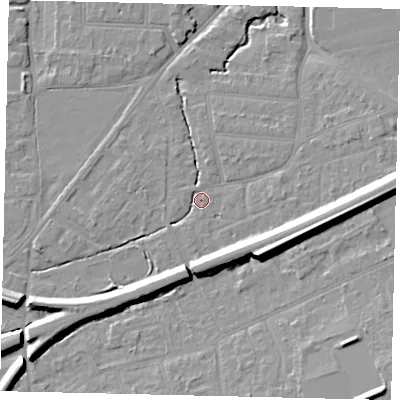 Shaded relief map of the ground around KT70UN, computed from Environment Agency LiDAR. The ground here sits at about 10 m above sea level and falls 13 m across the surrounding 800 m. Surface water reaching this point runs off ground lying to the east, 8.3 m higher.