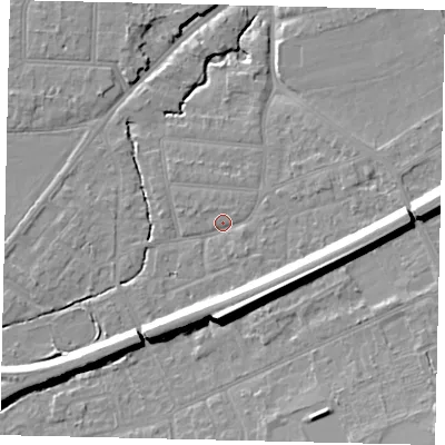 Shaded relief map of the ground around KT70UW, computed from Environment Agency LiDAR. The ground here sits at about 11 m above sea level and falls 13 m across the surrounding 800 m. Surface water reaching this point runs off ground lying to the south-east, 7.1 m higher.