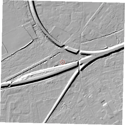 Shaded relief map of the ground around KT70WB, computed from Environment Agency LiDAR. The ground here sits at about 11 m above sea level and falls 10 m across the surrounding 800 m. Surface water reaching this point runs off ground lying to the south-south-west, 7.5 m higher.